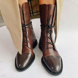 Botas de piel para mujer - Punta puntiaguda - Tacón bajo - Cordones ajustables - Cómodas