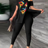 Conjunto de mujer: Top holgado con hombros descubiertos, pantalón ajustado estampado y tejido ligero.