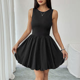 Minivestido de mujer – Sin mangas – Corte ajustado – Falda acampanada – Bajo abullonado