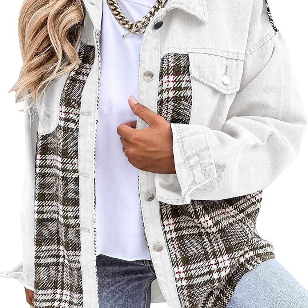 Chaqueta de mujer – Corte oversize – Paneles de mezclilla y cuadros – Mangas largas