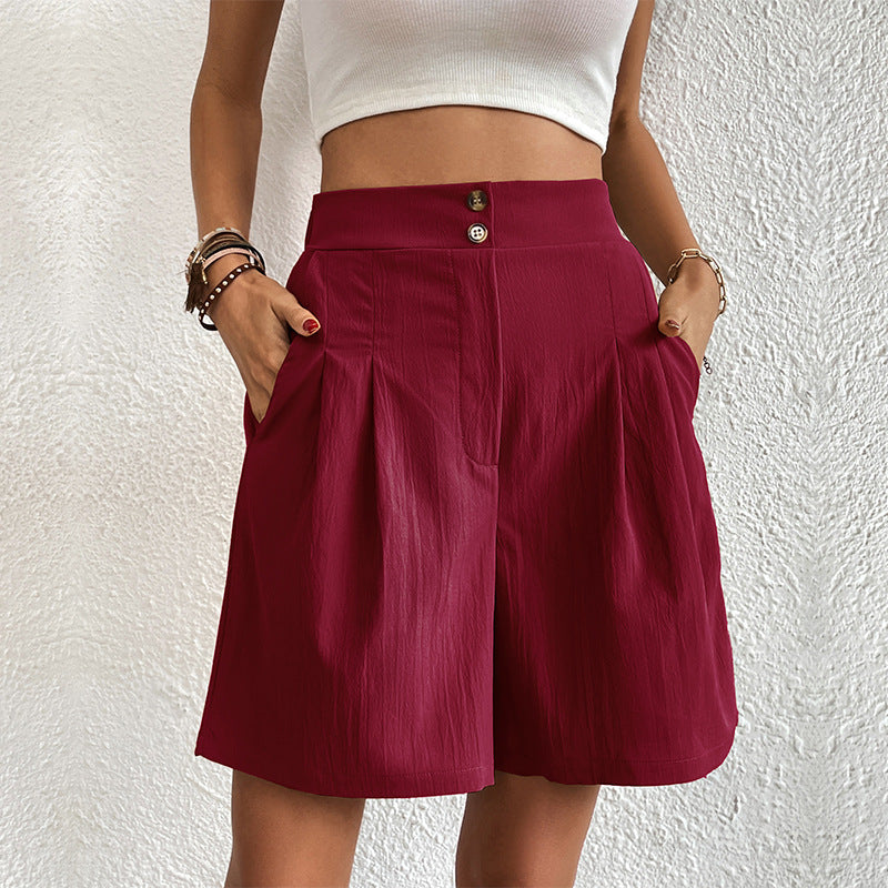 Pantalones cortos de mujer - Cintura alta - Corte holgado y fluido - Botones elegantes - Con bolsillos