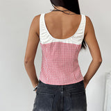 Camiseta de tirantes para mujer – Corte entallado – Cuello redondo – Estampado de cuadros vichy – Camiseta corta de mezcla de algodón