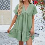 Vestido evasé para mujer – Tejido transpirable – Mangas cortas – Cuello en pico – Bajo con volantes
