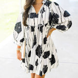 Vestido corto para mujer – Mezcla de algodón – Mangas abullonadas – Cuello en V – Cintura ajustada – Corte holgado