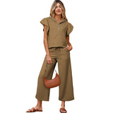 Conjunto informal para mujer: Top con cuello camisero y volantes con cremallera y pantalón ancho con cordón.