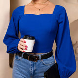 Camiseta de manga larga para mujer – Corte entallado – Tejido elástico – Cuello cuadrado – Hombros abullonados