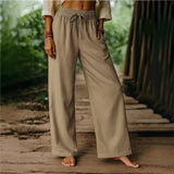 Pantalones anchos de mujer – corte holgado – cintura elástica – lino de algodón – bolsillos