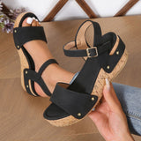 Sandalias de cuña para mujer – Suela de yute – Punta abierta – Correa con hebilla ajustable