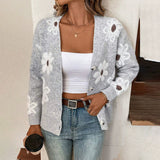 Cárdigan de mujer – Punto de lana – Corte holgado – Estampado jacquard floral – Abotonado