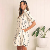 Vestido evasé para mujer – Fibras naturales – Mangas abullonadas – Diseño de nudo – Corte por encima de la rodilla