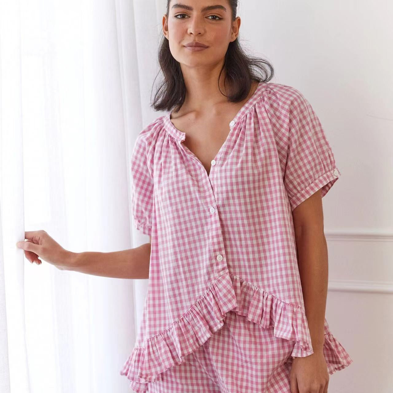 Conjunto de camisa y pantalón para mujer – Corte holgado – Tejido ligero – Detalles de volantes
