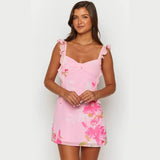 Vestido corto de mujer – Corte ajustado – Tirantes con volantes – Estampado floral – Cuello con lazo