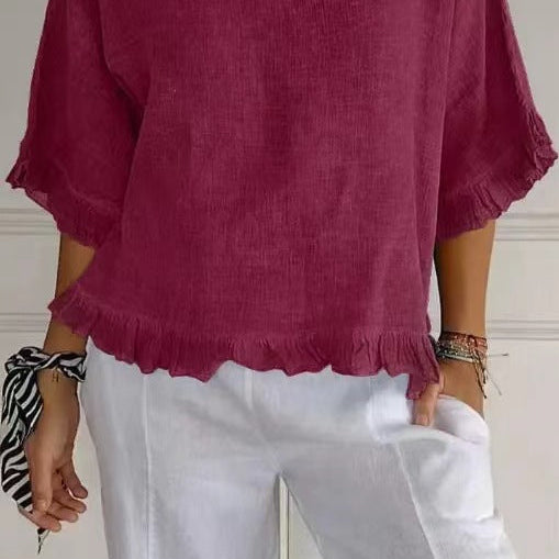 Blusa de manga corta para mujer – Corte fluido – Mezcla de lino y algodón – Cuello redondo – Ribete con volantes