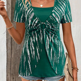 Camiseta de mujer – Corte holgado – Estampado étnico – Efecto capas – Detalle de anilla