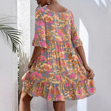 Vestido fluido de mujer – Algodón – Estampado floral – Mangas 3/4 con volantes – Escote en pico