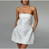 Vestido corto de mujer – Sin tirantes – Escote corazón – Jacquard – Lazo en la espalda