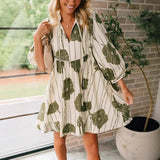 Vestido corto para mujer – Mezcla de algodón – Mangas abullonadas – Cuello en V – Cintura ajustada – Corte holgado