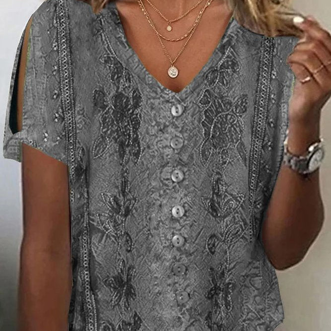 Blusa de mujer – Corte holgado – Cuello en V – Tejido transpirable – Estilo bohemio bordado