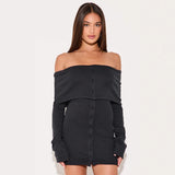 Vestido mini de mujer – Hombros descubiertos – Corte ajustado – Punto acanalado – Mangas largas