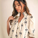 Vestido evasé para mujer – Algodón ligero – Mangas abullonadas – Lazos – Bajo con volantes