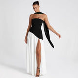 Vestido de noche para mujer – Sin tirantes – Cuerpo asimétrico – Falda con abertura fluida