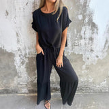 Conjunto de dos piezas para mujer – Lino y algodón – Corte holgado – Pantalón ancho – Manga corta