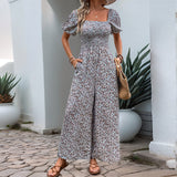 Mono de mujer – Tejido ligero – Piernas anchas – Mangas abullonadas – Estampado floral
