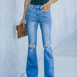 Vaqueros bootcut para mujer – Cintura alta – Efecto desgastado – Pierna acampanada – Largo completo