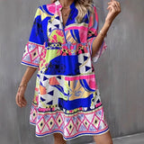 Vestido de corte A para mujer – Corte holgado – Mangas con volantes – Cuello en V – Estampado gráfico