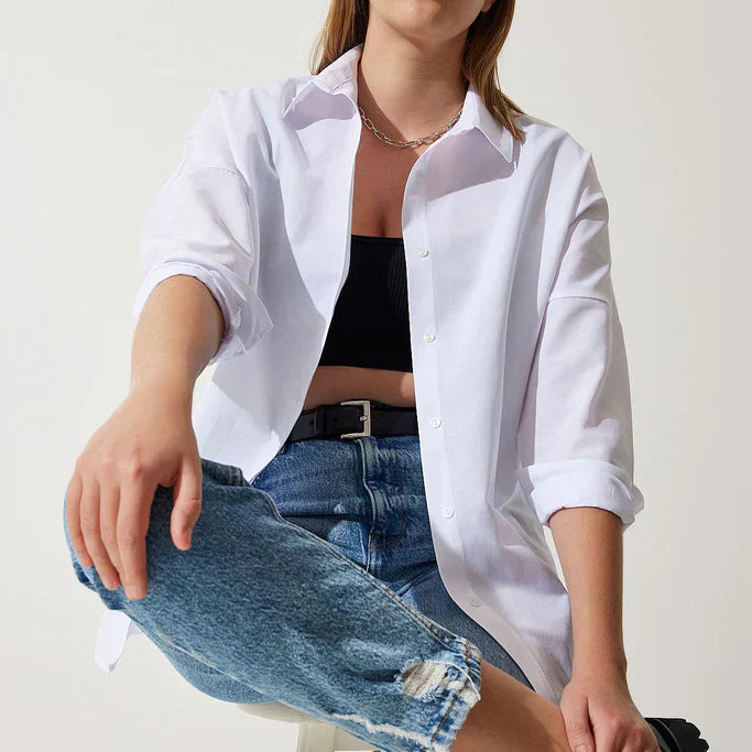 Blusa de mujer oversize – Algodón suave – Mangas largas – Abotonada – Cuello clásico