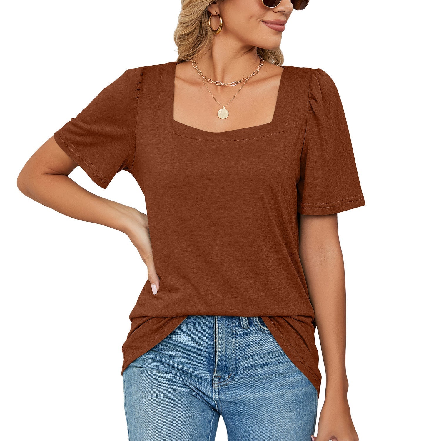 Camiseta de mujer – Elegante escote cuadrado – Mangas abullonadas – Tejido de punto suave, corte holgado