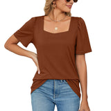 Camiseta de mujer – Elegante escote cuadrado – Mangas abullonadas – Tejido de punto suave, corte holgado