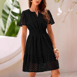 Vestido trapecio para mujer – Algodón ligero – Detalle de bordado de ojales – Cuello en pico – Mangas cortas