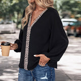Blusa de mujer – Corte holgado – Cuello en pico – Mangas abullonadas – Detalle de estampado de leopardo