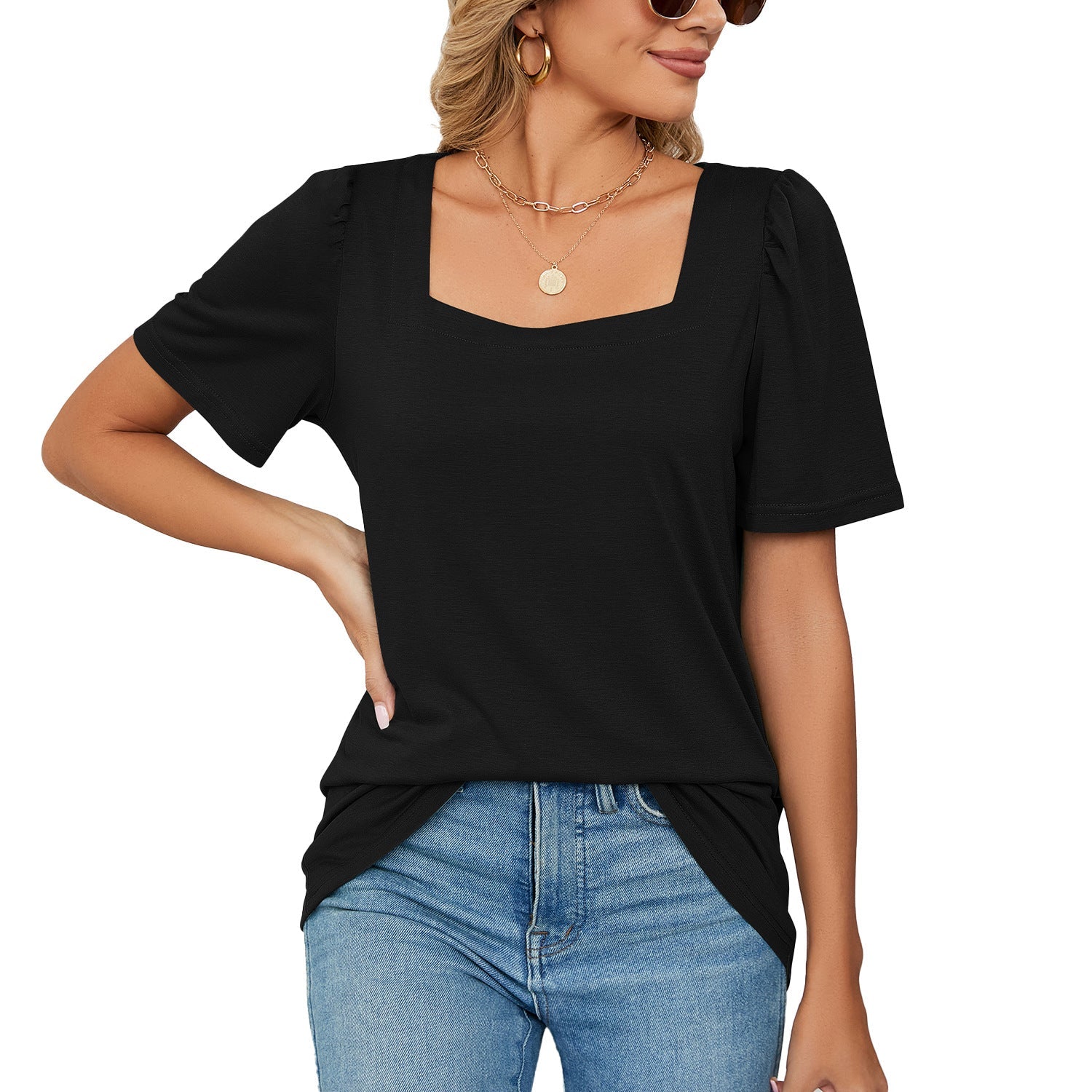 Camiseta de mujer – Elegante escote cuadrado – Mangas abullonadas – Tejido de punto suave, corte holgado