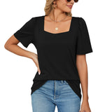 Camiseta de mujer – Elegante escote cuadrado – Mangas abullonadas – Tejido de punto suave, corte holgado