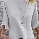 Blusa de manga corta para mujer – Corte fluido – Mezcla de lino y algodón – Cuello redondo – Ribete con volantes
