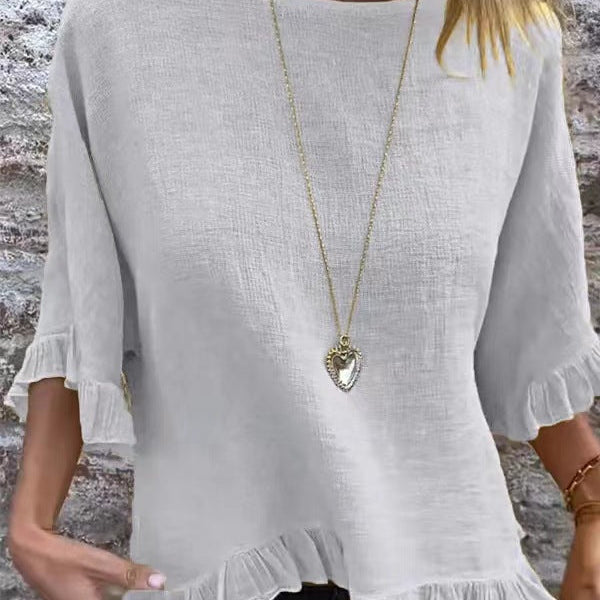 Blusa de manga corta para mujer – Corte fluido – Mezcla de lino y algodón – Cuello redondo – Ribete con volantes