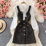 Vestido estilo pichi para mujer – Corte entallado – Tweed texturizado – Abotonado – Blusa con lazo