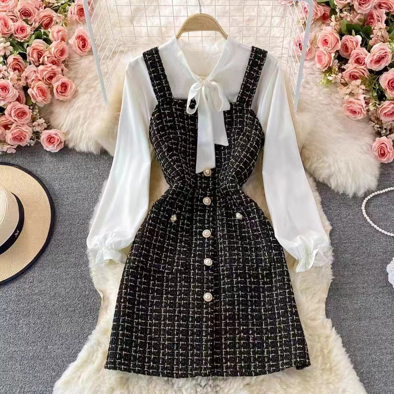 Vestido estilo pichi para mujer – Corte entallado – Tweed texturizado – Abotonado – Blusa con lazo