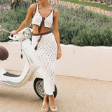 Conjunto de vestido largo de punto para mujer, corte ajustado, top corto sin mangas y detalle de encaje.