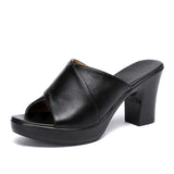 Sandalias de tacón para mujer – Piel auténtica – Tiras cruzadas – Punta abierta – Tacón cuadrado