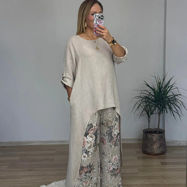 Túnica de mujer – Corte holgado – Algodón transpirable – Mangas largas – Dobladillo asimétrico