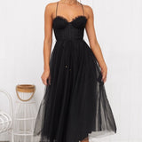 Vestido de noche para mujer – Corte en A – Tul ligero – Espalda abierta – Corpiño estructurado