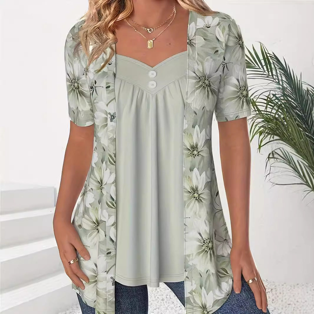 Top de manga corta para mujer – Corte holgado – Escote corazón – Estampado floral – Efecto capas