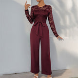 Mono de mujer – Elegante encaje – Mangas largas – Piernas anchas – Cinturón ajustable