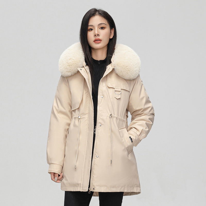 Chaqueta parka para mujer – Corte oversize – Capucha de piel sintética – Cintura ajustable