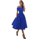 Vestido de mujer con hombros descubiertos - Corte entallado - Falda acampanada - Elegante y sofisticado