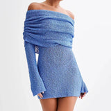 Vestido de playa para mujer – Punto ligero – Corte entallado – Hombros descubiertos – Mangas largas