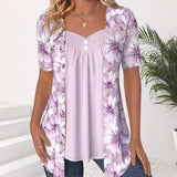 Top de manga corta para mujer – Corte holgado – Escote corazón – Estampado floral – Efecto capas